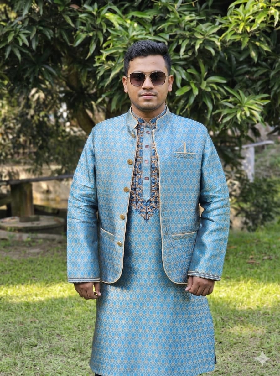 স্কাই ব্লু কালার সফট কাতান কাপড়ে ম্যাচিং-কটি পাঞ্জাবী